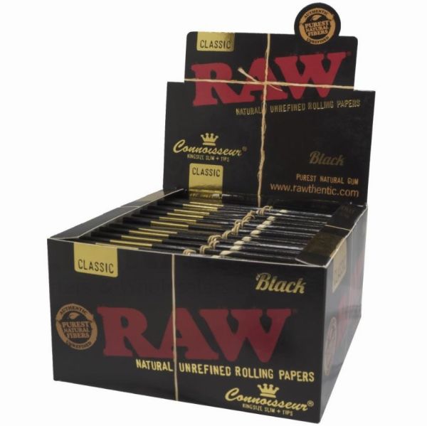 Raw Classic Natural Unrefined Rolling Papers - Connoisseur King Size Slim + Tips - Black - Pack Of 24 - Vape wholesale supplies